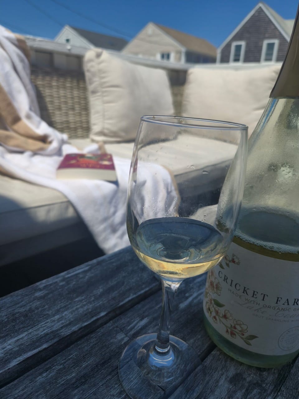 Sunny outdoor lounge with cozy seating and wine for laid-back evenings