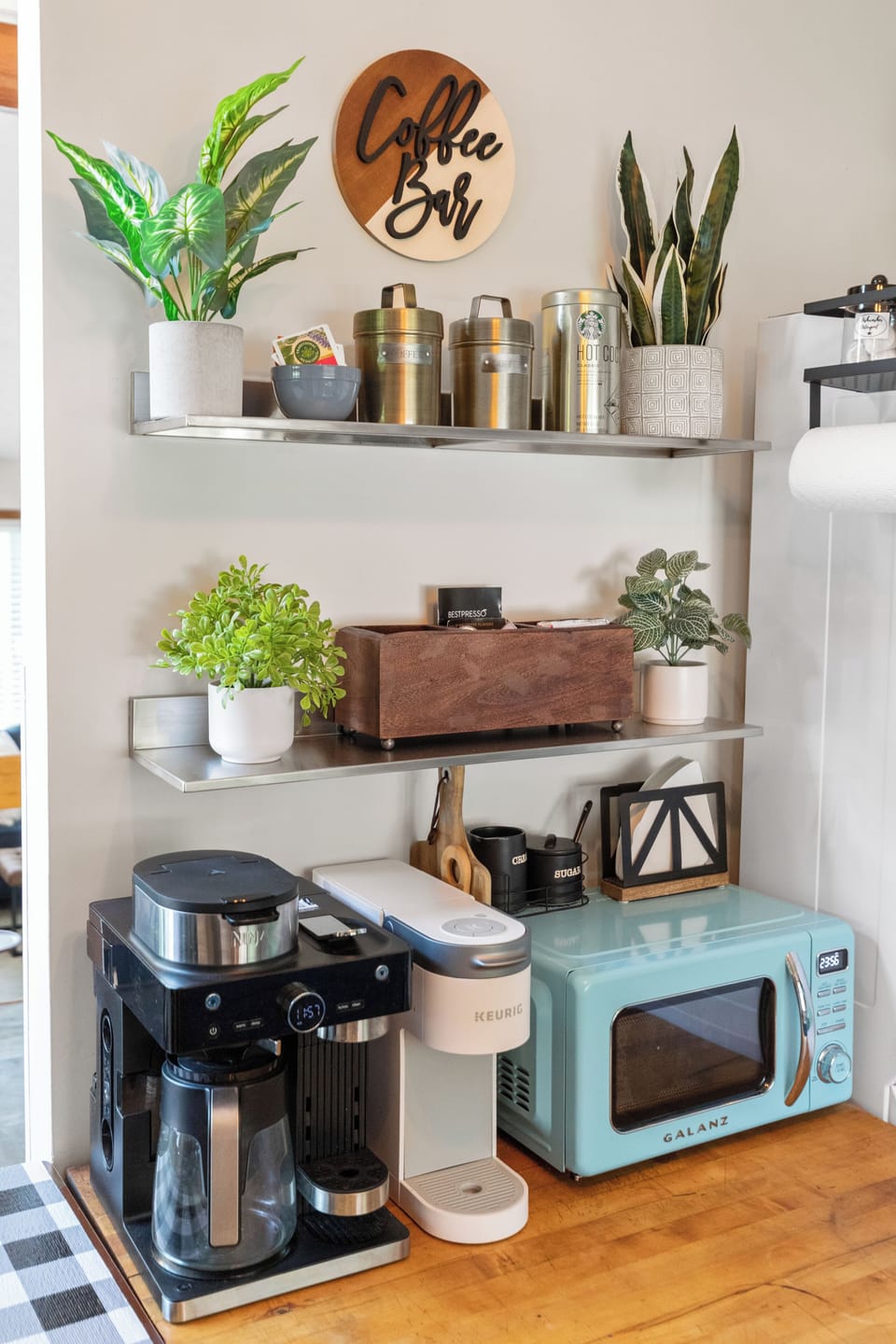 Fully stocked with coffee, tea, hot chocolate, creamers, honey, and sugar!