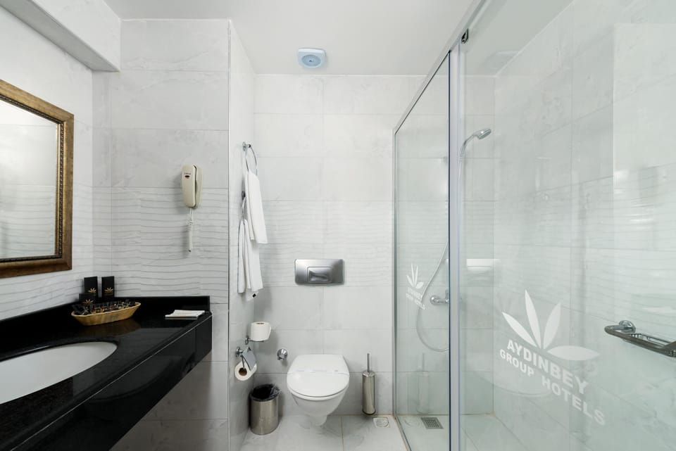 Shower, eco-friendly toiletries, hair dryer, towels
