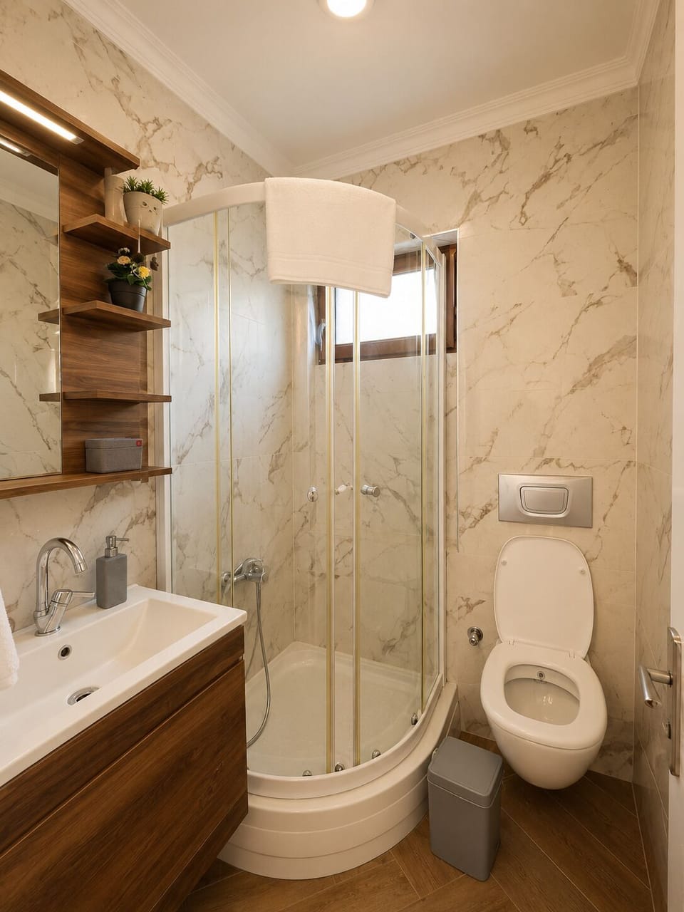 Hair dryer, towels, soap, shampoo