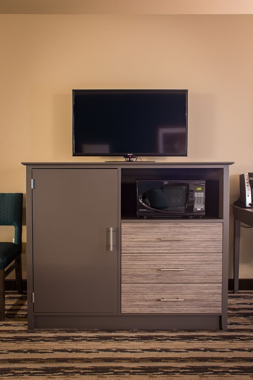 Premium bedding, desk, laptop workspace, blackout drapes