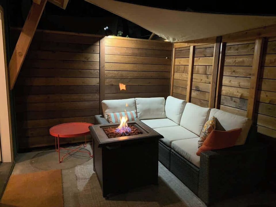 Private patio with gas fireplace
