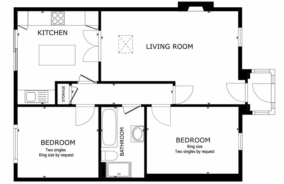 Get a clear picture of the layout before you arrive with this handy floor plan of 18 Hill Street. The flat offers a spacious open-plan kitchen and living area, two comfortable bedrooms, and a bathroom – perfect for families or groups.