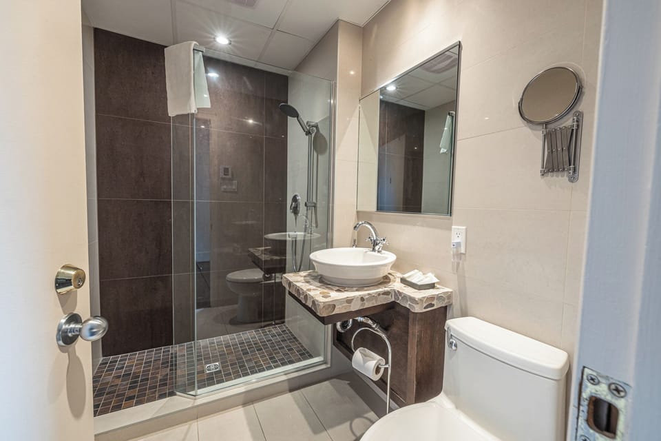 Room (1 queen and 1 single bed, Chambre 1) | Bathroom | Shower, free toiletries, hair dryer, bathrobes