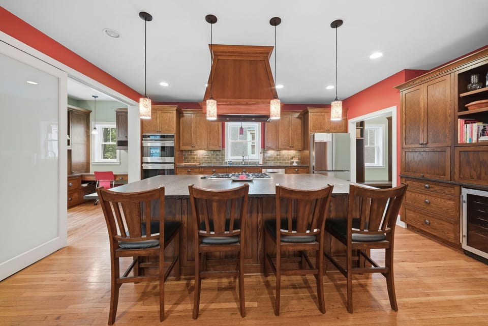 The spacious island offers plenty of room for meal prep and conversation.