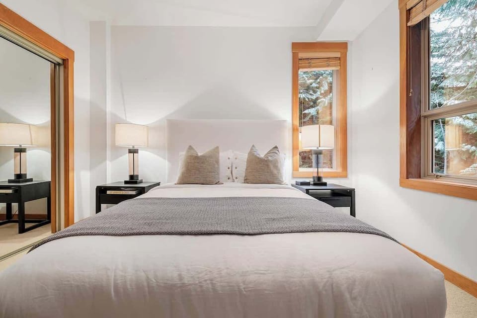 This stylish bedroom features a double bed 