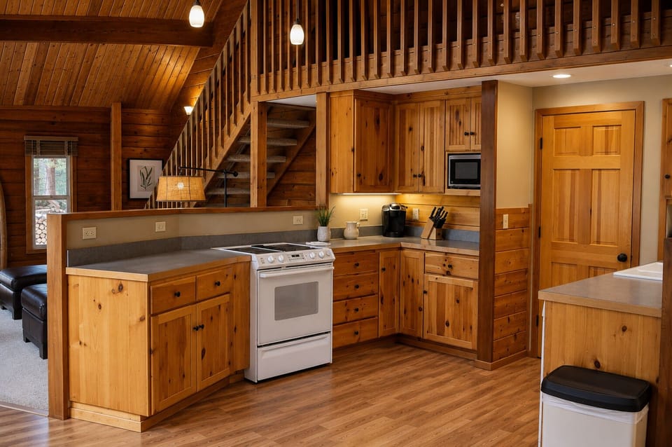 Warm knotty pine cabinetry and granite counters define your fully equipped kitchen, featuring a gas range, built-in microwave, and modern conveniences for home-cooked meals beneath the loft's cathedral ceiling.