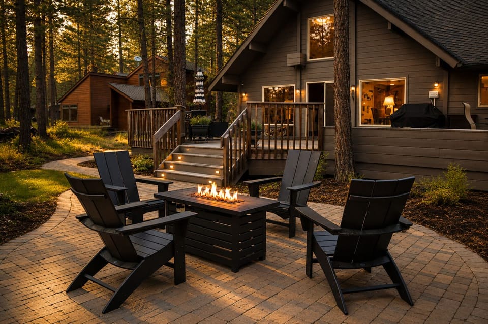 Secluded forest retreat featuring charming cabin architecture, illuminated outdoor fire pit with Adirondack seating, and warm lighting creating an intimate evening atmosphere perfect for gathering under towering pines.