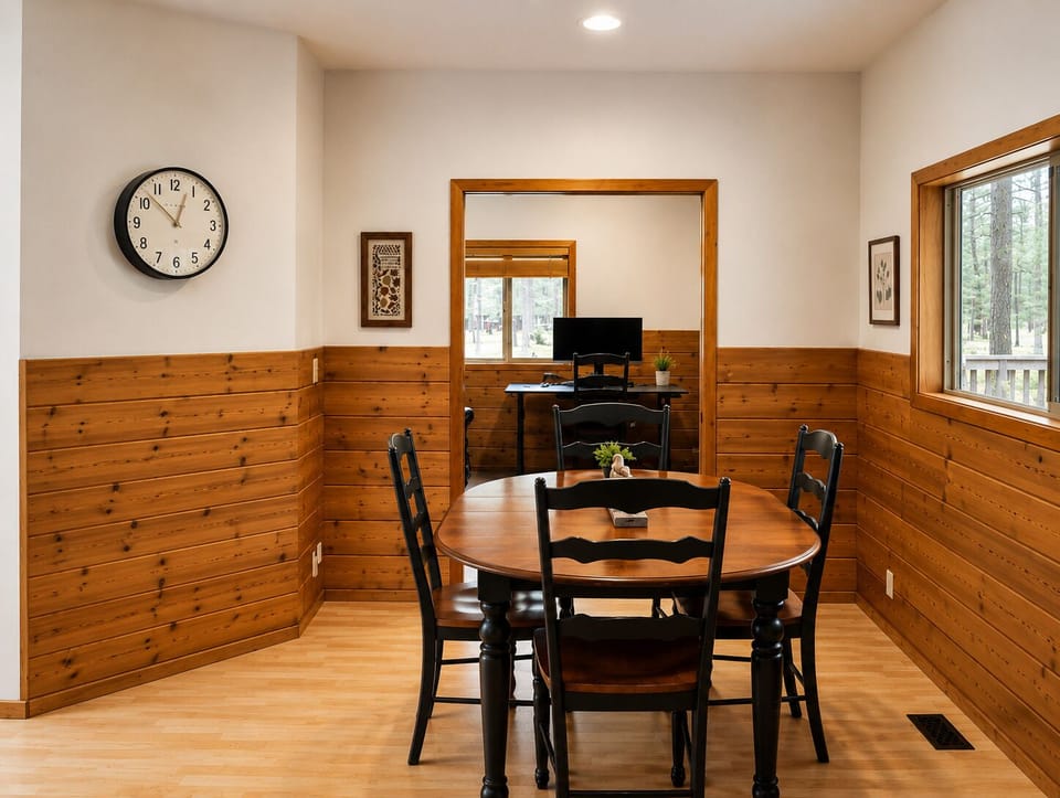 Gather around the warm wooden dining table for meals and good conversation, with natural light flowing in from the forest views beyond your windows.