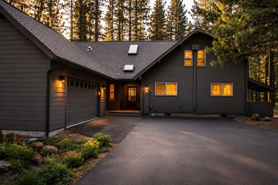 Contemporary mountain retreat nestled among towering pines, featuring a spacious driveway and welcoming entrance illuminated by warm evening light.