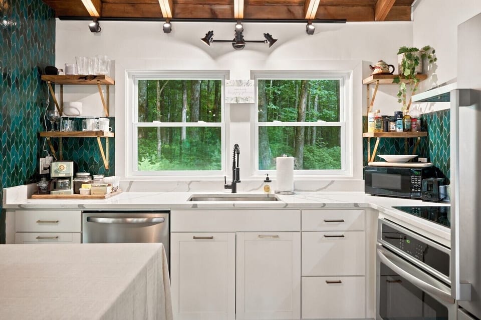 Kitchen | Quartz Countertops | Forest Views & Open Shelving