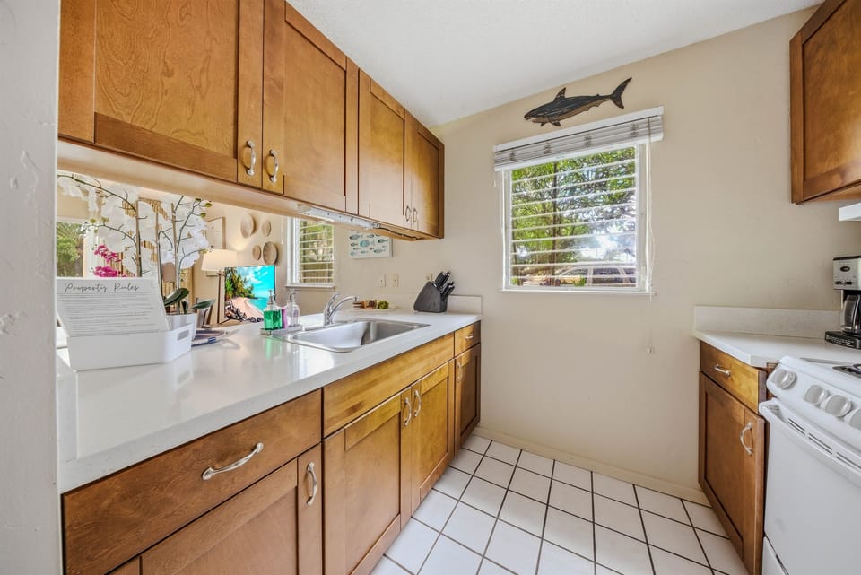 A clean, well-equipped kitchen with everything you need — just add your fresh farmers market finds.