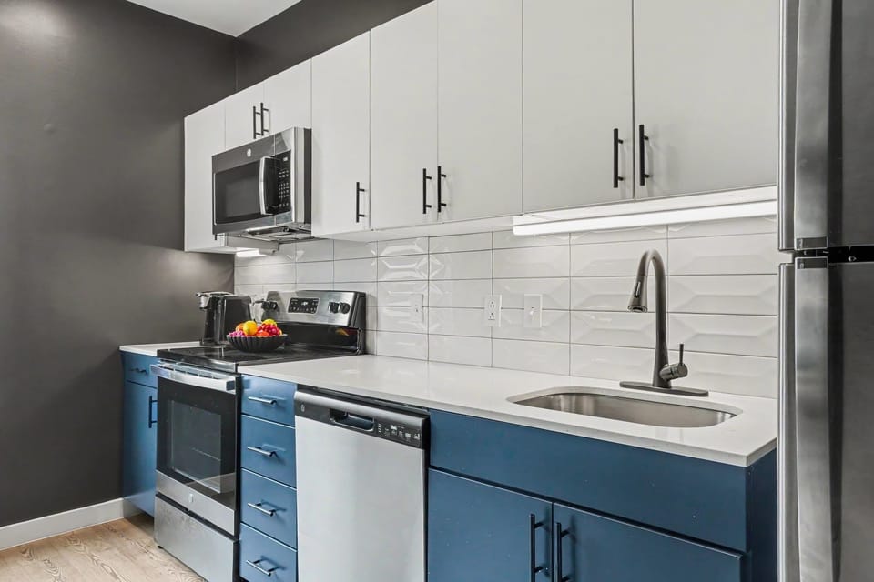 Fully equipped kitchen stocked with your basic cooking essentials and stainless steel appliances