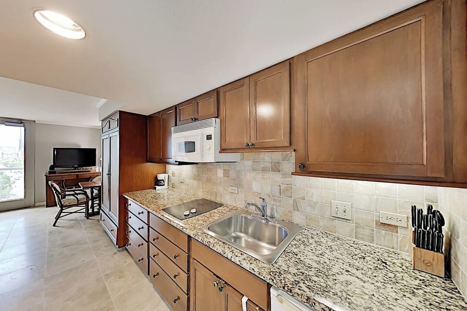 Kitchenette with ample counter space, 2 burner stove, microwave, sink, mini fridge