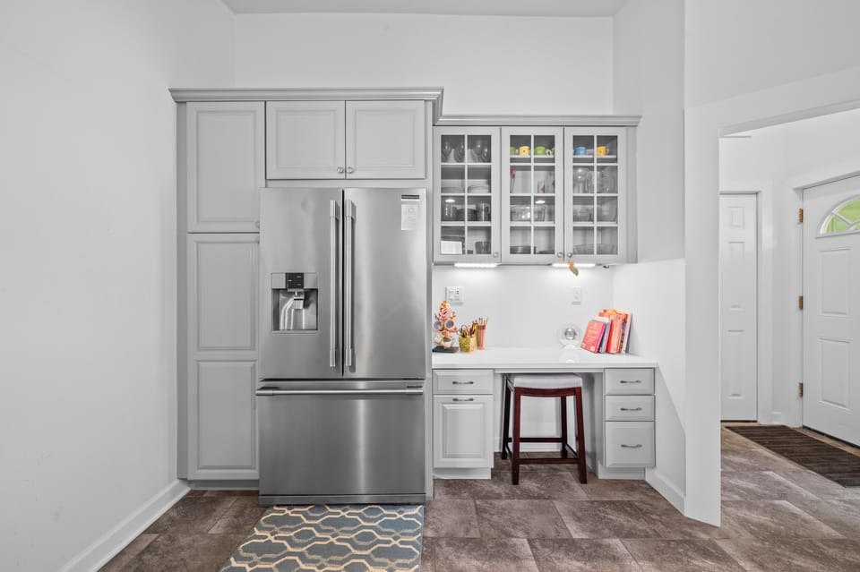 Built-in desk nook and extra kitchen storage for longer stays.