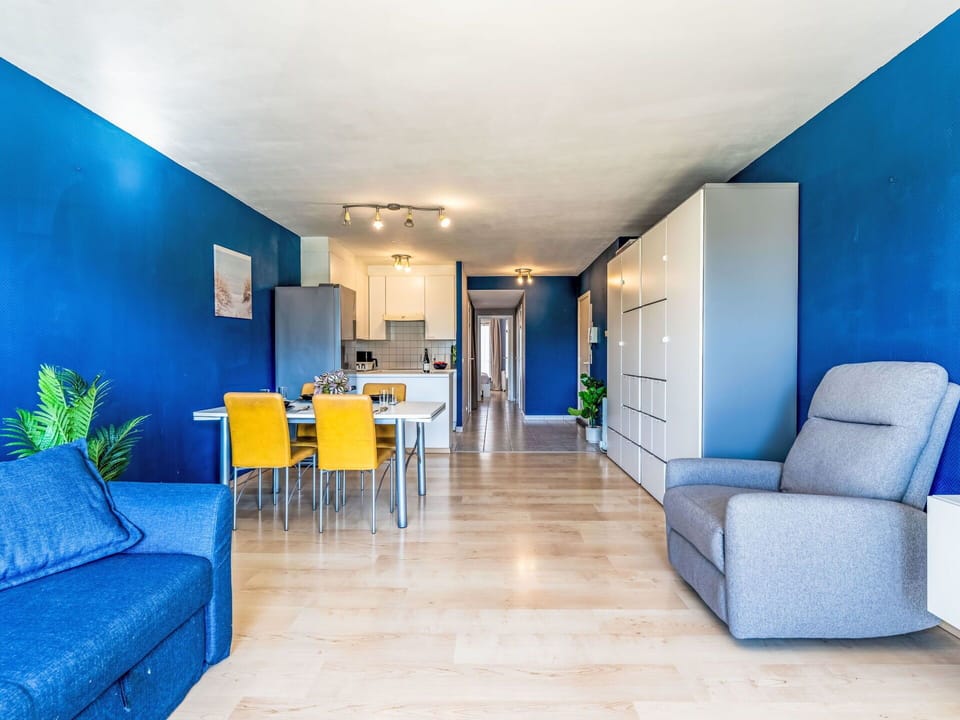 Blue, Flooring, Interior Design, Floor, Ceiling, Furniture, Apartment, Room, Couch, Living Room