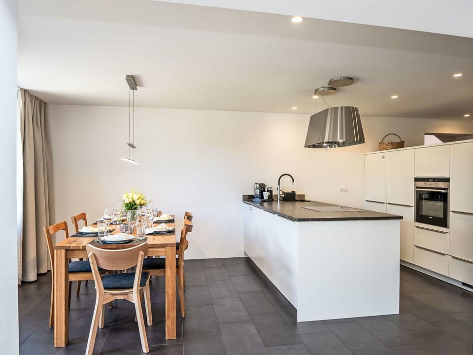 Flooring, Furniture, Interior Design, Wood, Ceiling, Countertop, Kitchen, Floor, Light Fixture, Lighting