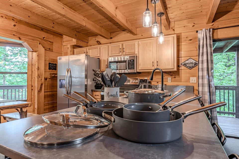 Cook up a feast with ease! Our kitchen is fully stocked with premium pots and pans, ensuring you have everything needed to prepare delicious group meals during your mountain retreat.