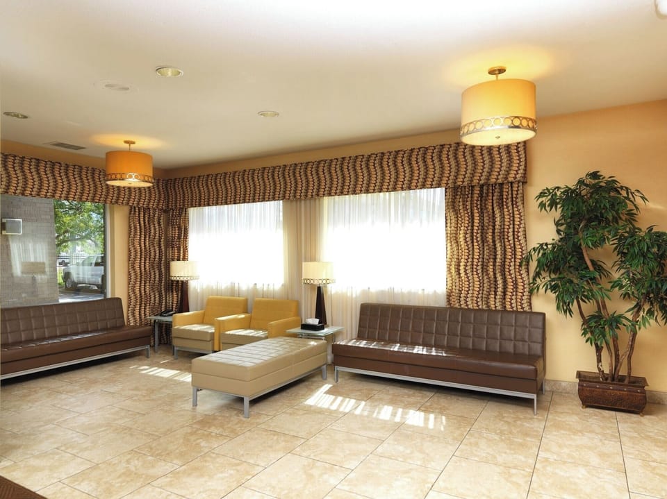 Settle into cozy lounge seating while you plan tomorrow.