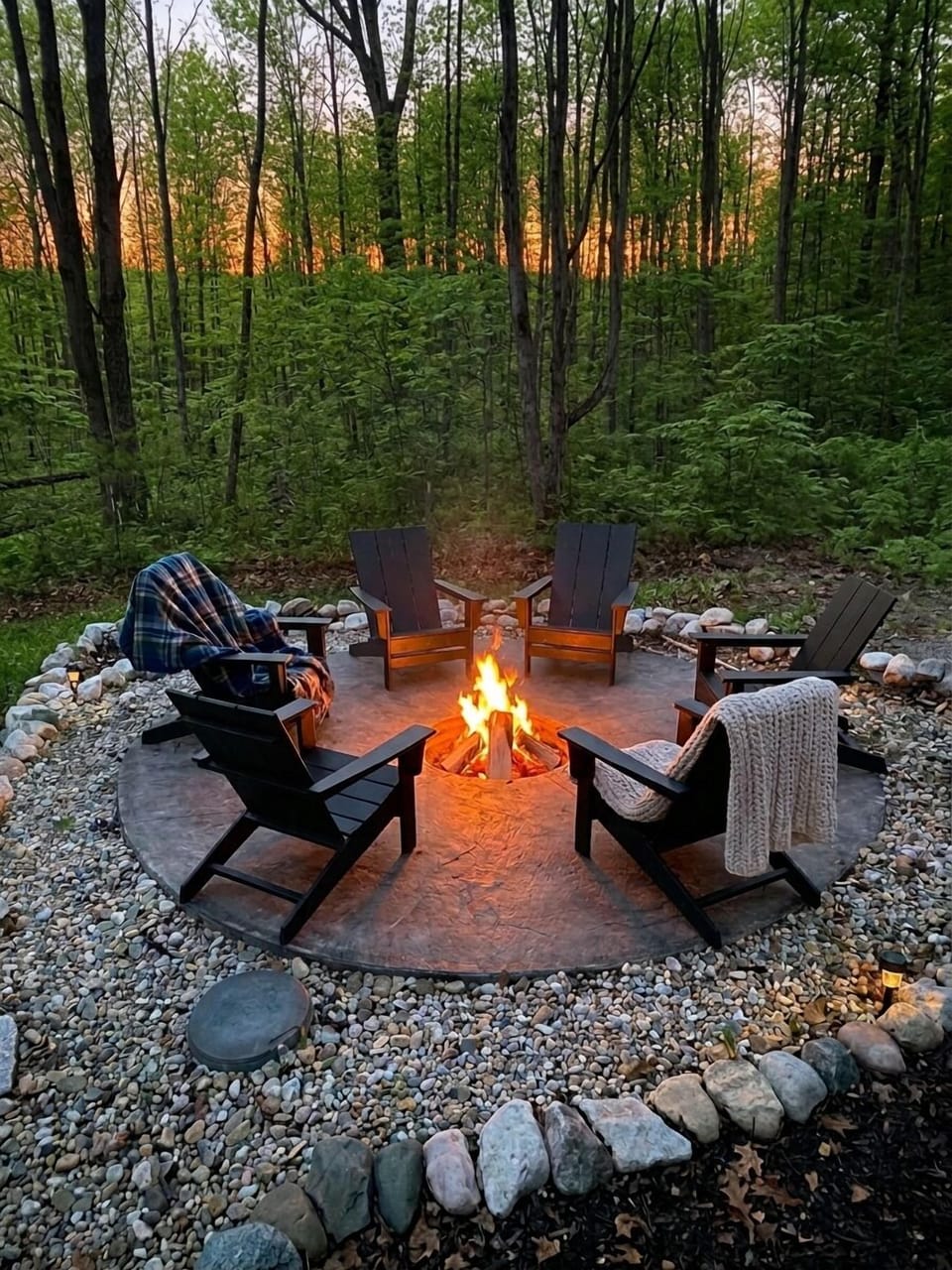Cozy woodland fire pit with Adirondack seating—sunset s’mores spot.