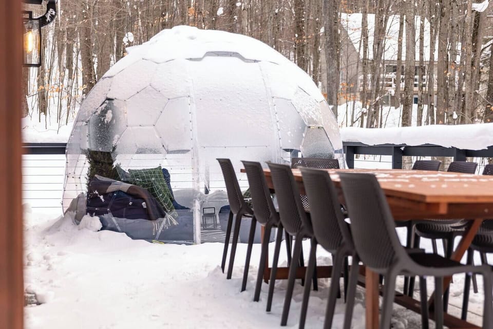 Rare outdoor seating for 12! ️ Enjoy massive group dinners on the deck at Alm Haus. Afterward, retreat to our cozy igloo—stocked with bean bags and blankets for the ultimate Northern Michigan stargazing experience.
