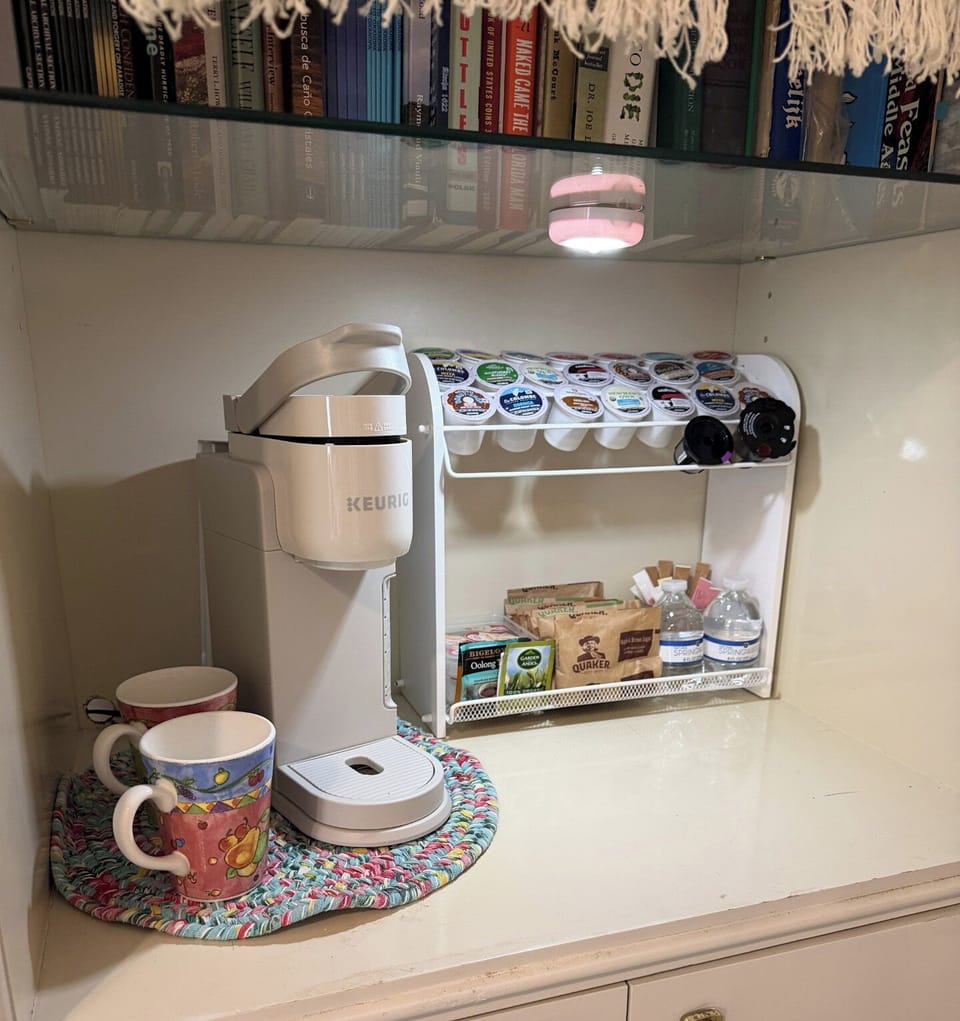 Complimentary coffee,tea, oatmeal and water.
