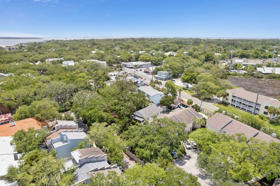 Aerial view of a peaceful, tree-lined residential neighborhood with the property nestled among lush greenery and nearby water views visible in the distance.