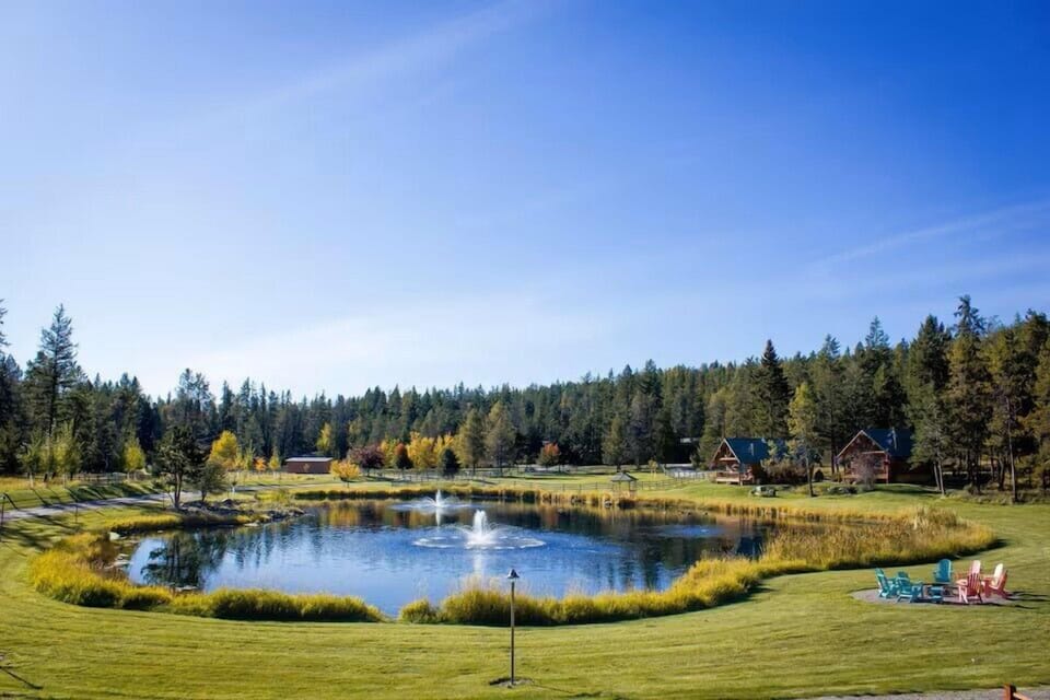Pond on the property. Cabin is to the right. 