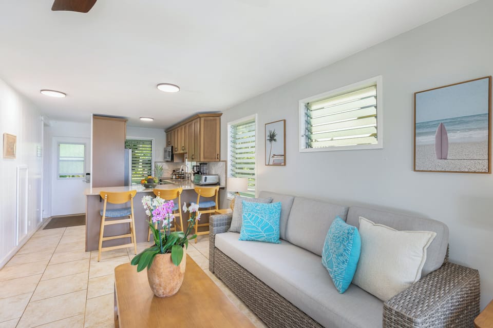 Simple uncluttered beach side elegance. Jalousies for ocean breezes throughout  
