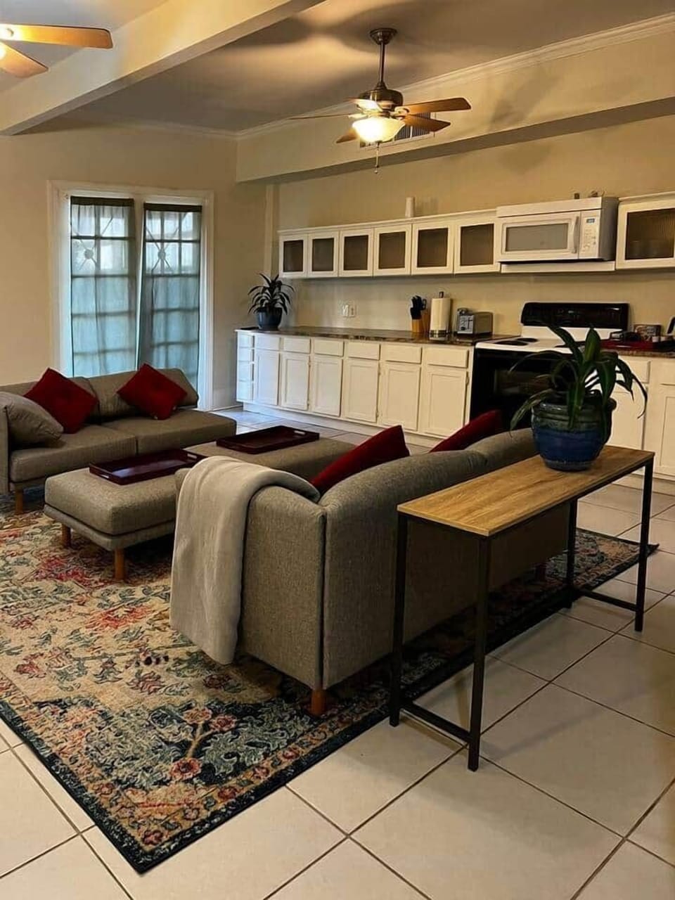 View of living room and kitchen galley