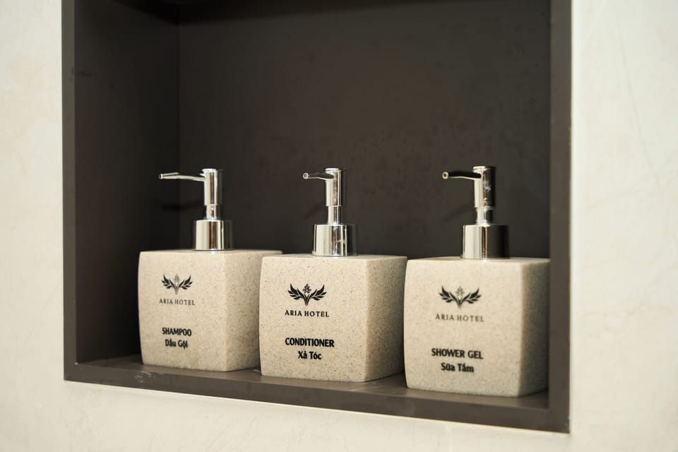 Hair dryer, slippers, towels, soap