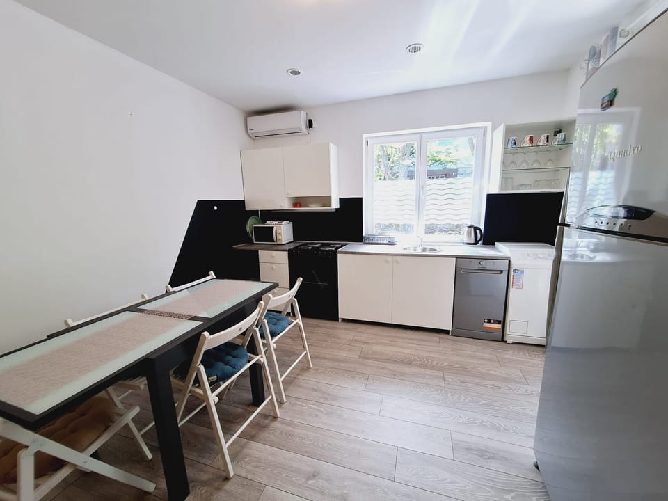 Apartment (A1) | Private kitchen | Fridge, microwave, oven, stovetop
