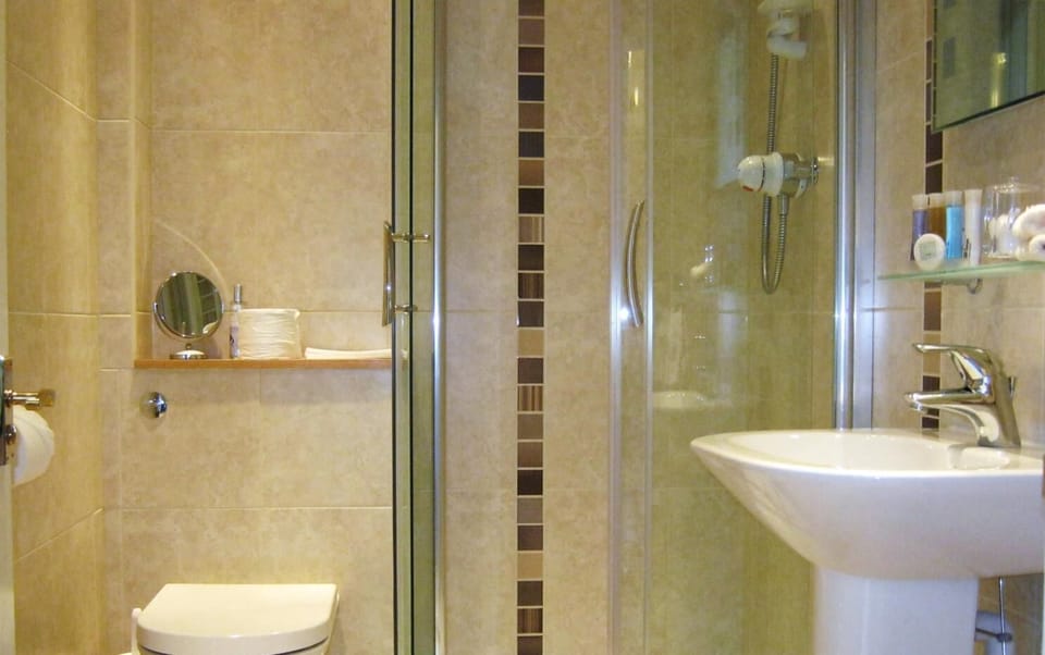 Shower, free toiletries, hair dryer, towels