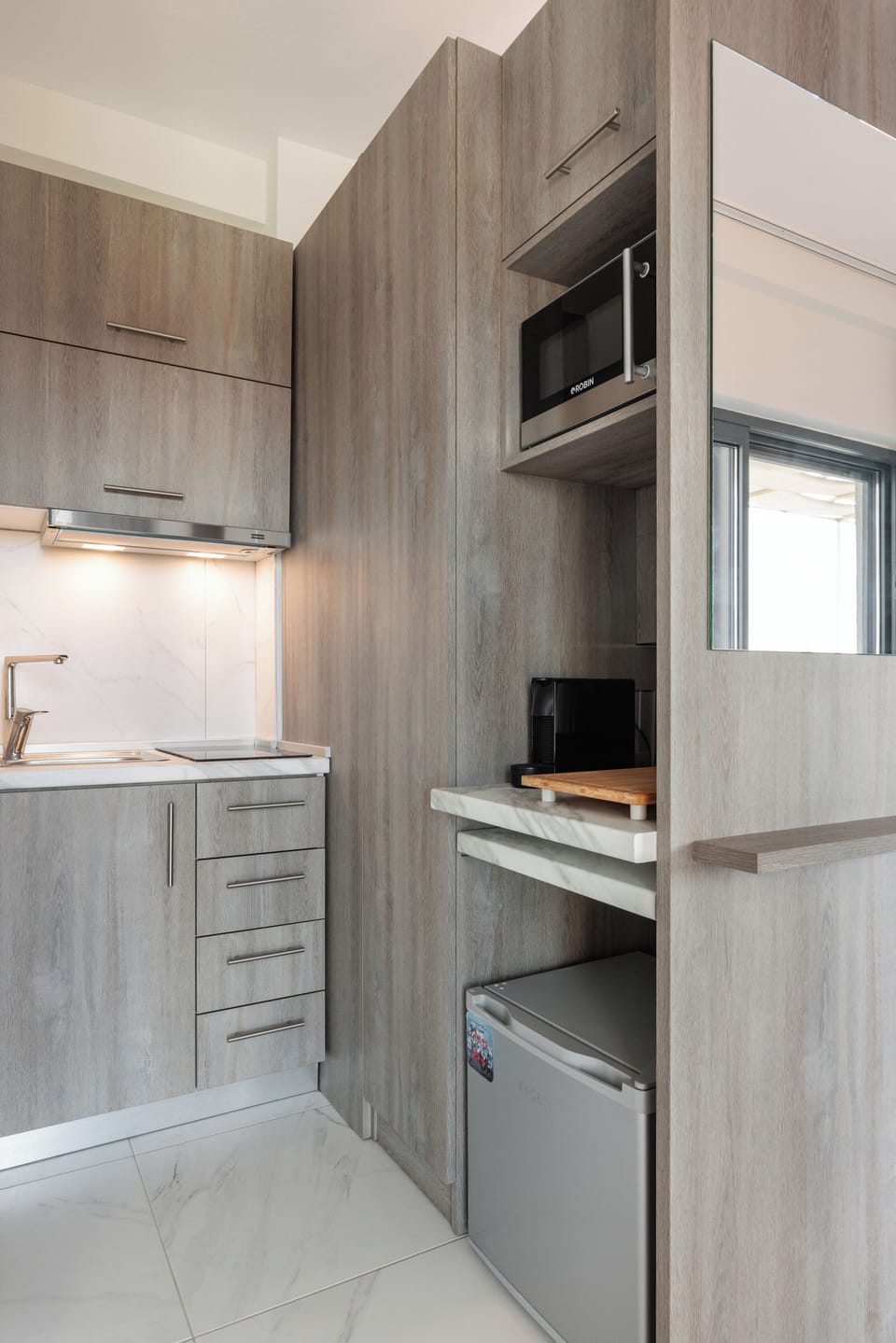 Mini-fridge, microwave, stovetop, espresso maker