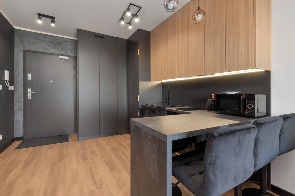 The entryway flows effortlessly into the kitchenette, showcasing uniform dark cabinetry with floor-to-ceiling wardrobes. Comfortable, upholstered chairs are neatly placed by the kitchen island.