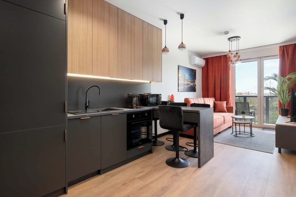Shot at an angle, the kitchenette reveals the full length of the dark countertop with an integrated sink and cooktop. A glimpse of the sunlit living room is visible in the background of the open space.