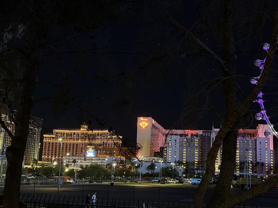 Nighttime view of the convenient location to the las Vegas Strip.
