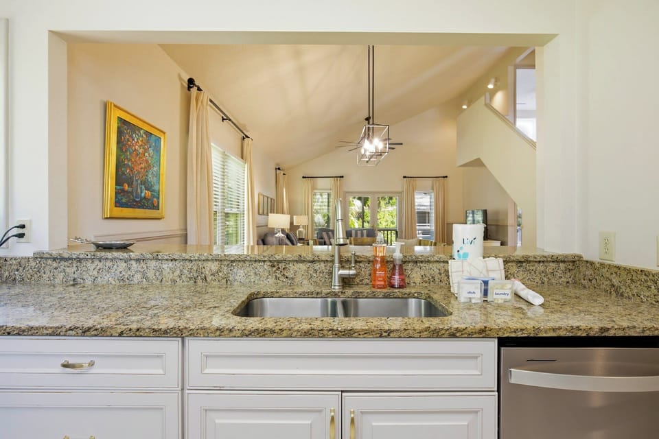 Earth-toned granite counters provide a spacious workspace with a clear view into the airy living area. Afternoon glow fills the vaulted room beyond, highlighting the clean lines and warm, social heart of this home.