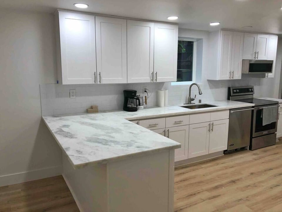 Dining peninsula of newly renovated kitchen