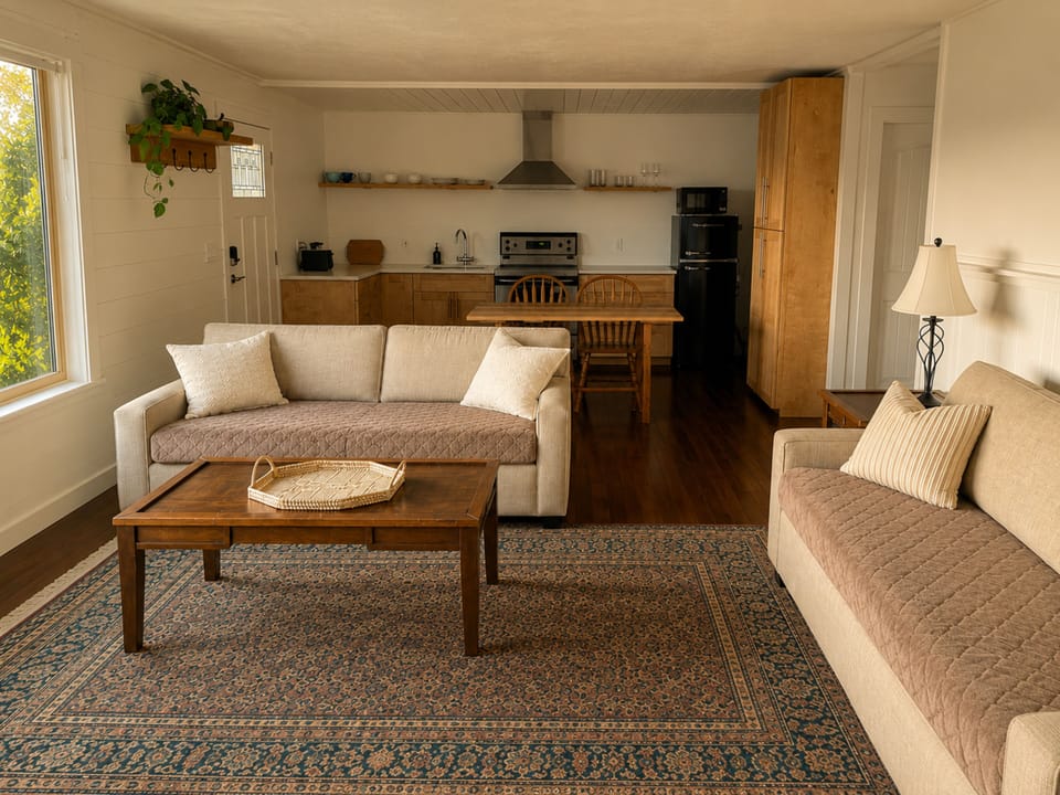 Open concept living room and full kitchen