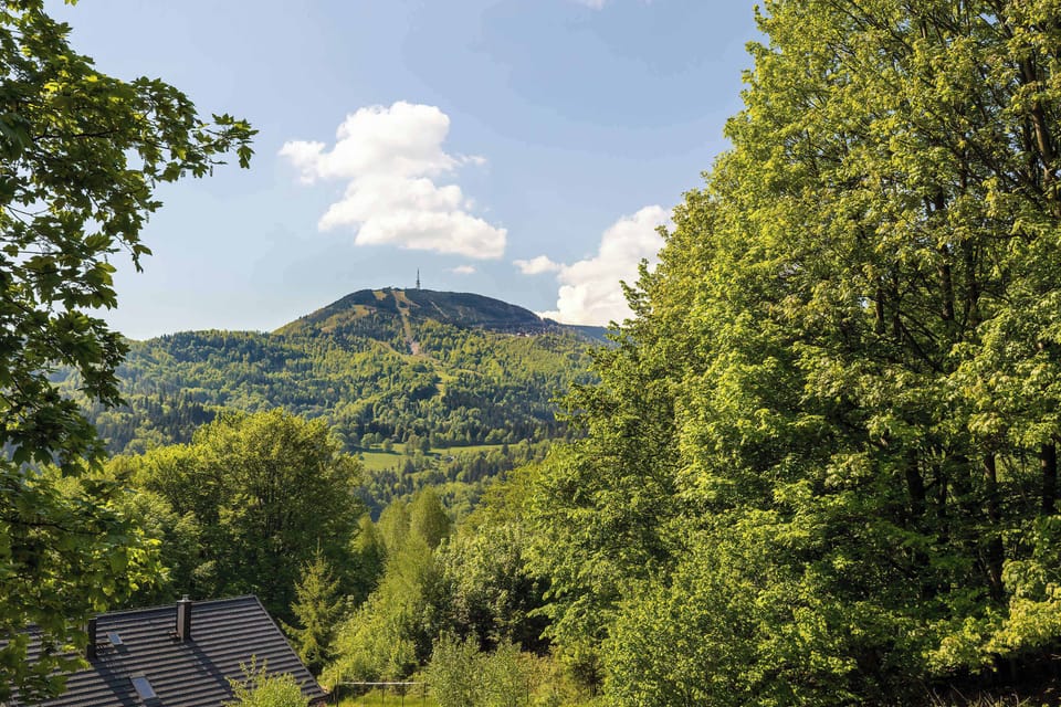 A scenic mountain landscape surrounded by lush green trees under a blue sky. The view looks natural and refreshing.
