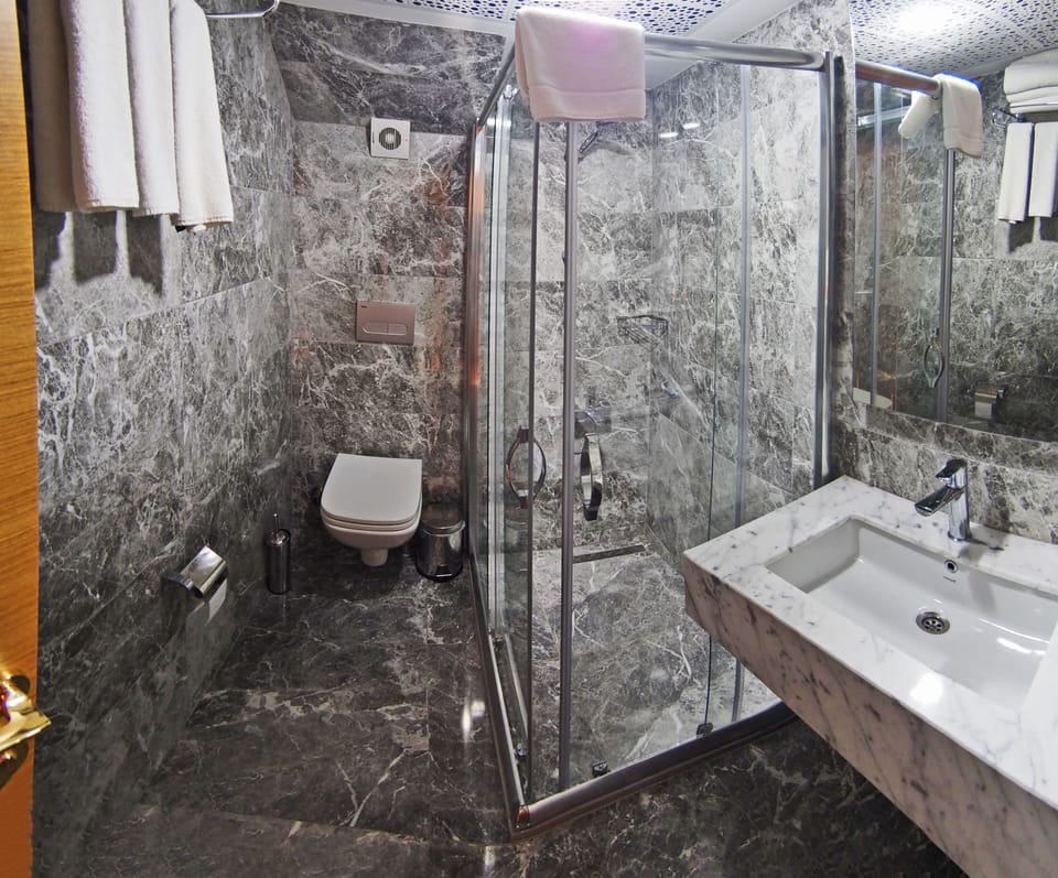 Shower, free toiletries, hair dryer, bathrobes