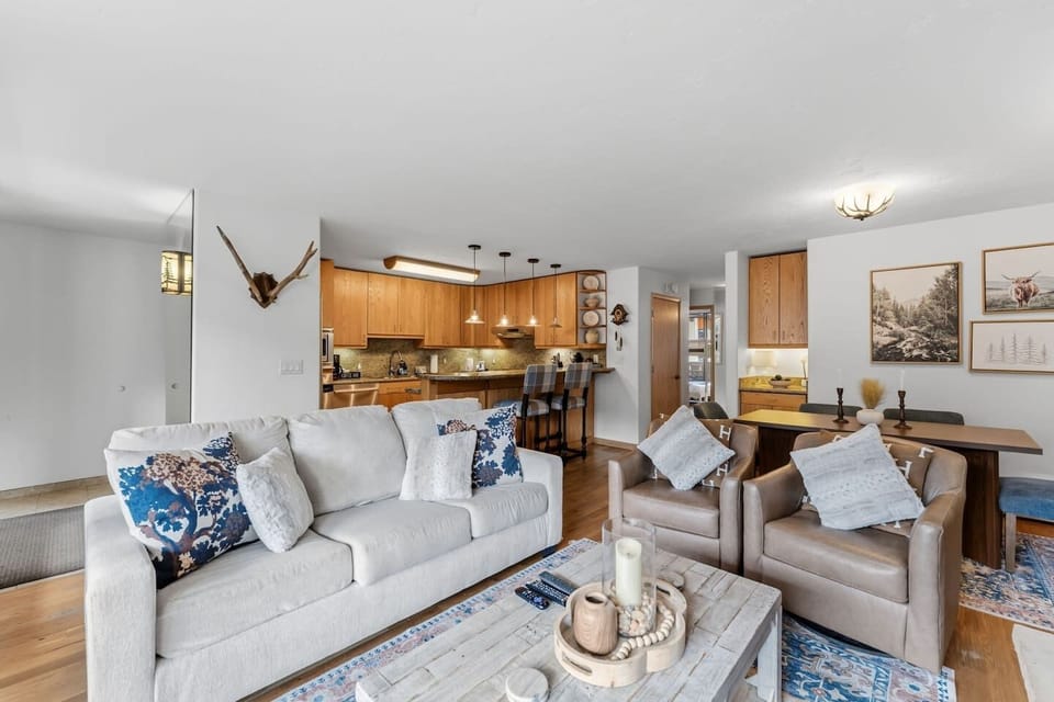 Cozy living room with fireplace and smart TV