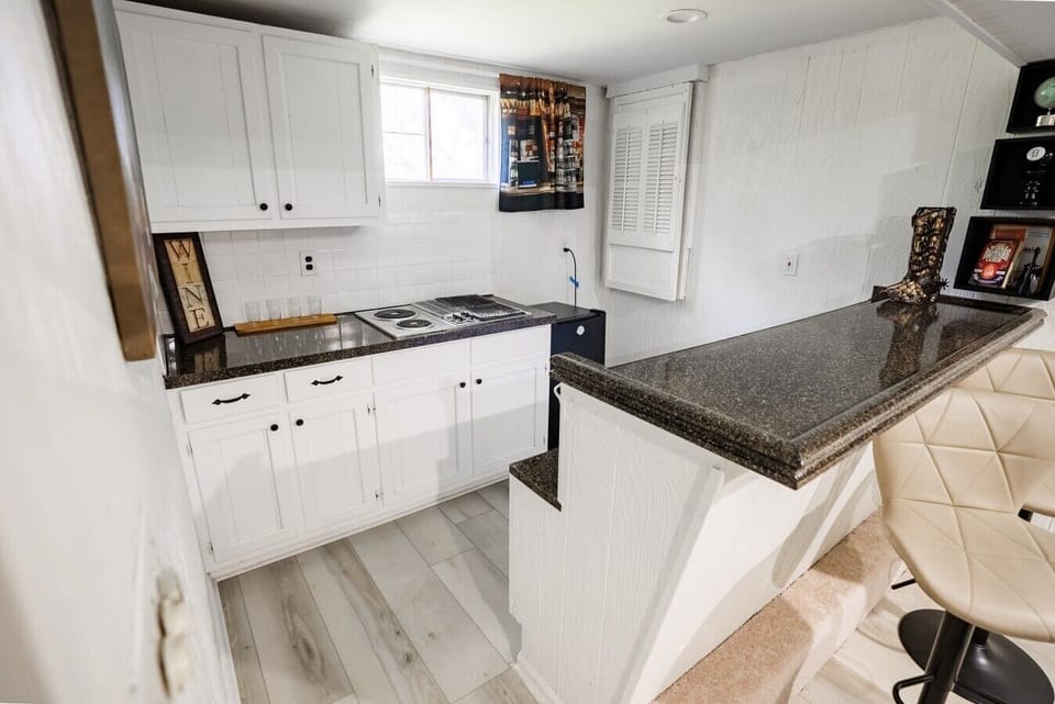 Mix drinks or prep party snacks in this sleek, fully equipped basement bar and kitchenette. Features bright white cabinetry, durable stone countertops, and integrated appliances perfect for hosting game day or movie nights.
