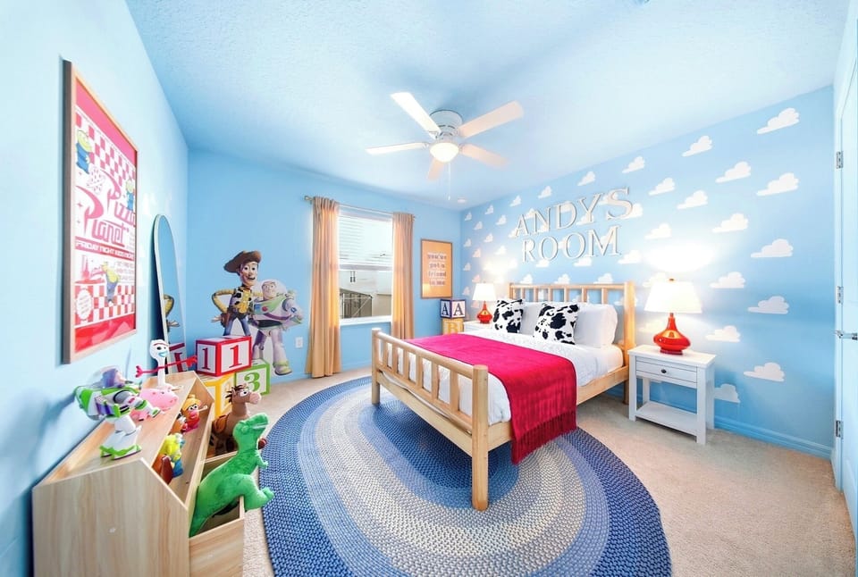 Playful Toy Story-themed kids’ room with bright decor and cozy charm
