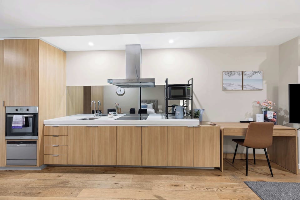 Fully equipped kitchen with stove, oven, microwave, fridge and all the essentials you need.