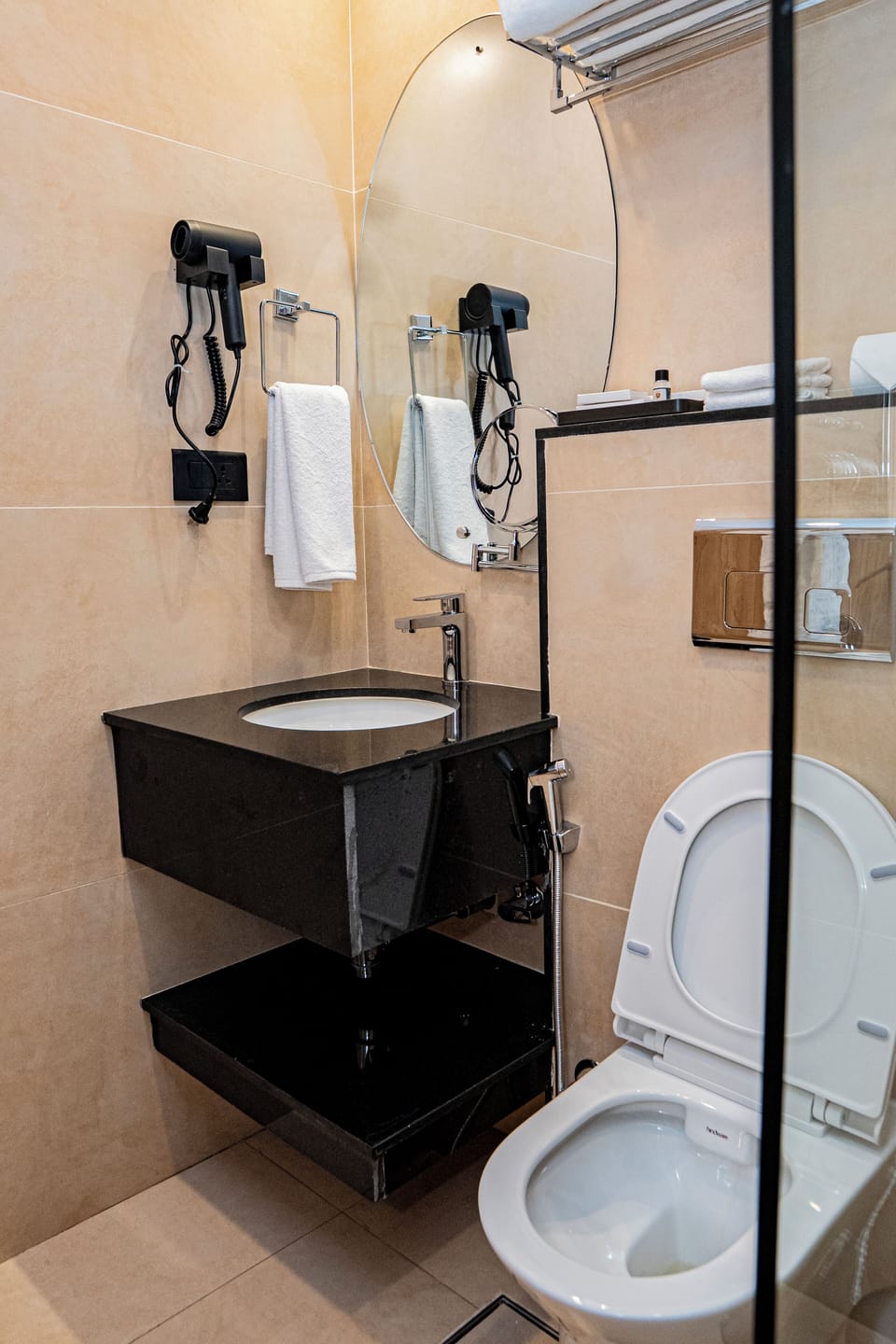 Hair dryer, slippers, towels, soap
