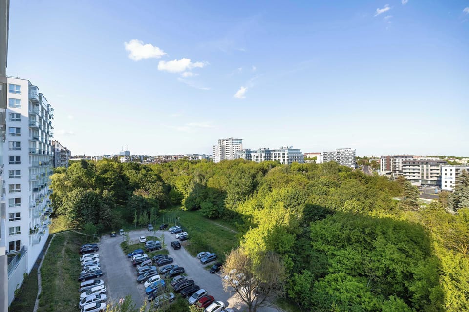 A scenic urban landscape featuring green spaces, parked cars, and modern apartment buildings in the distance. Bright daylight highlights the open surroundings.