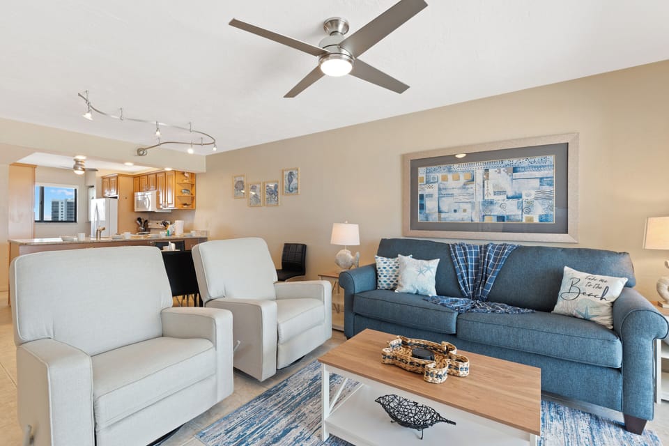Coastal and Cozy living Room with Queen Sleeper Sofa