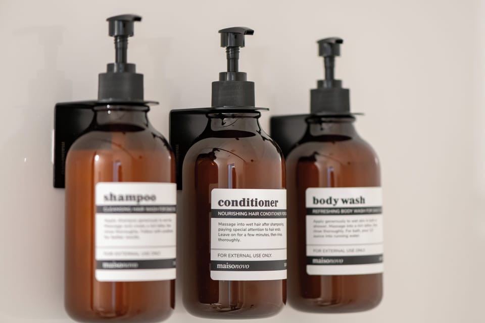 We provide spa-quality Public Goods shampoo, conditioner, body wash, and lotion. All products are vegan-friendly and free from parabens, synthetic fragrances, sodium lauryl sulfates, phthalates, and formaldehyde.